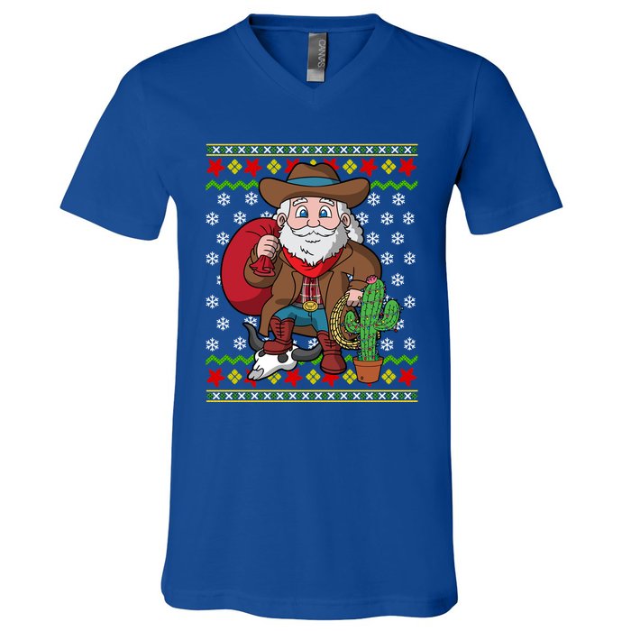 Western Cow Santa Claus Ugly Christmas Sweater Pattern Cool Gift V-Neck T-Shirt