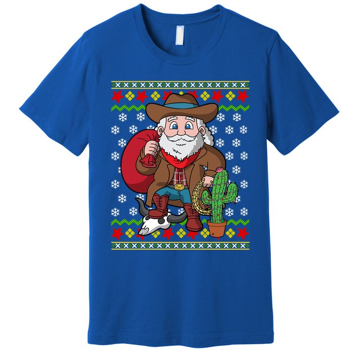 Western Cow Santa Claus Ugly Christmas Sweater Pattern Cool Gift Premium T-Shirt