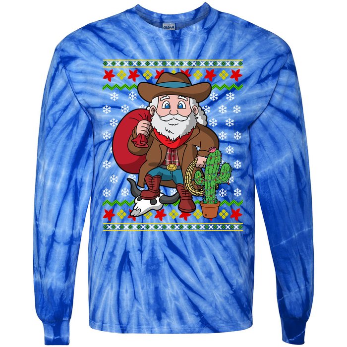 Western Cow Santa Claus Ugly Christmas Sweater Pattern Cool Gift Tie-Dye Long Sleeve Shirt