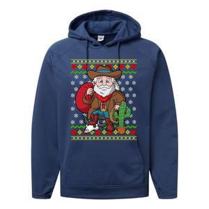 Western Cow Santa Claus Ugly Christmas Sweater Pattern Cool Gift Performance Fleece Hoodie