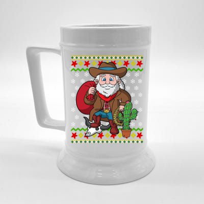 Western Cow Santa Claus Ugly Christmas Sweater Pattern Cool Gift Beer Stein