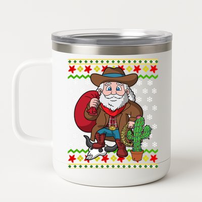 Western Cow Santa Claus Ugly Christmas Sweater Pattern Cool Gift 12 oz Stainless Steel Tumbler Cup