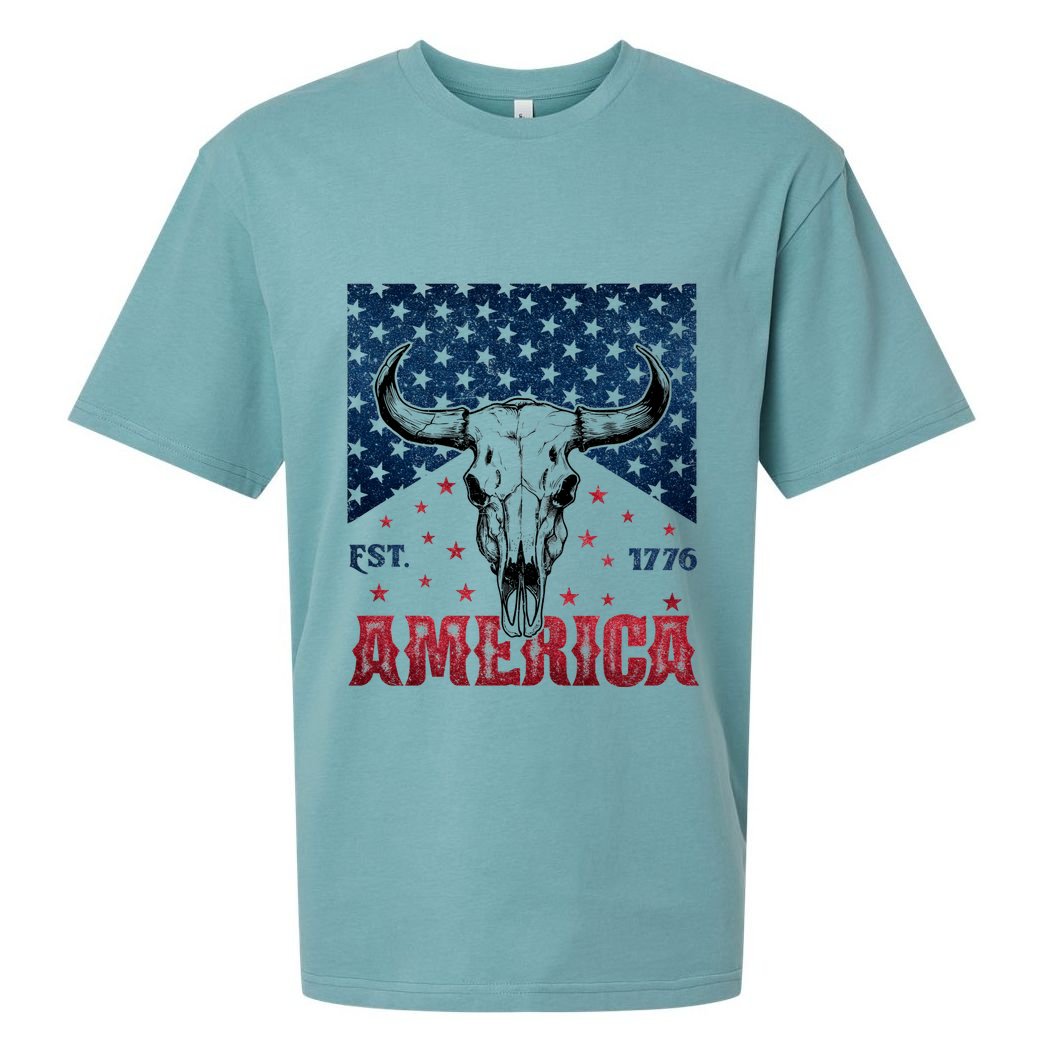 Western Cow Skull America Est 1776 Sueded Cloud Jersey T-Shirt