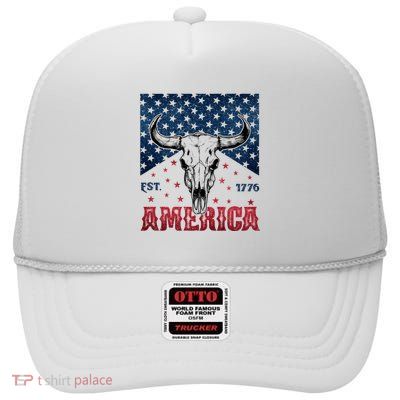 Western Cow Skull America Est 1776 High Crown Mesh Back Trucker Hat