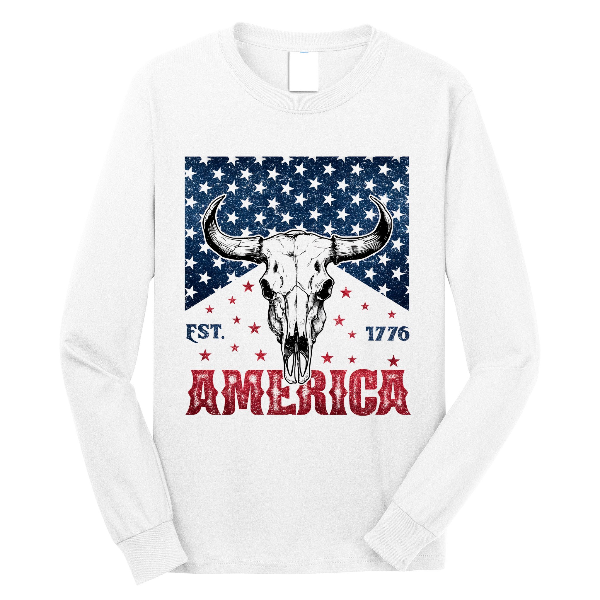 Western Cow Skull America Est 1776 Long Sleeve Shirt