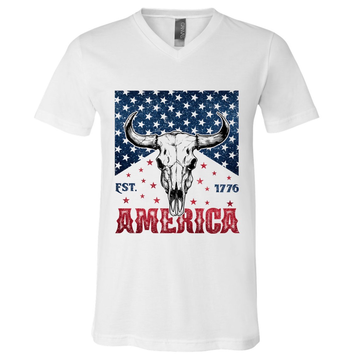 Western Cow Skull America Est 1776 V-Neck T-Shirt
