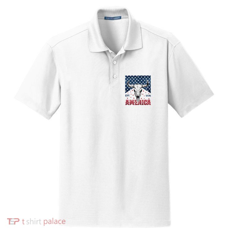 Western Cow Skull America Est 1776 Dry Zone Grid Polo