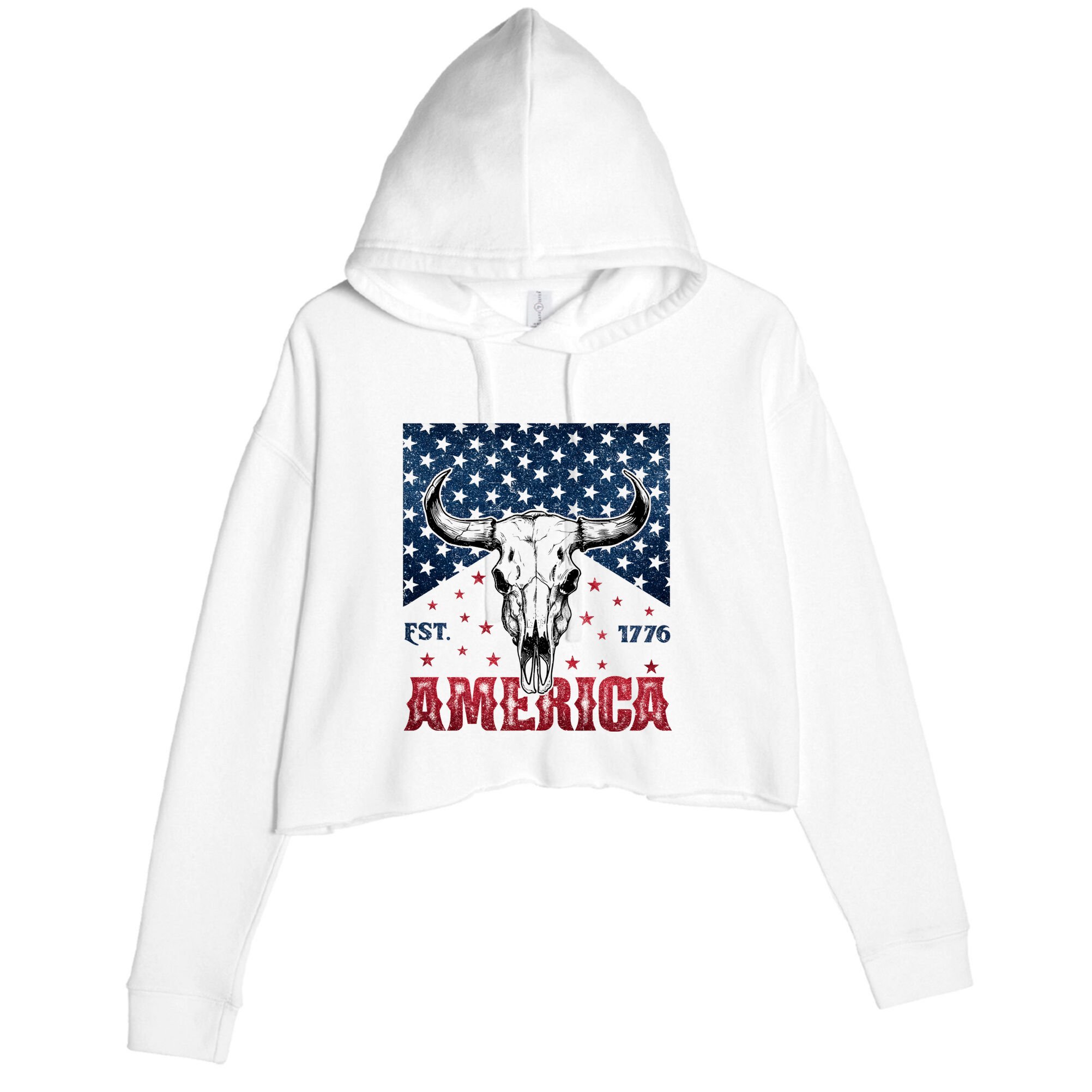 Western Cow Skull America Est 1776 Crop Fleece Hoodie