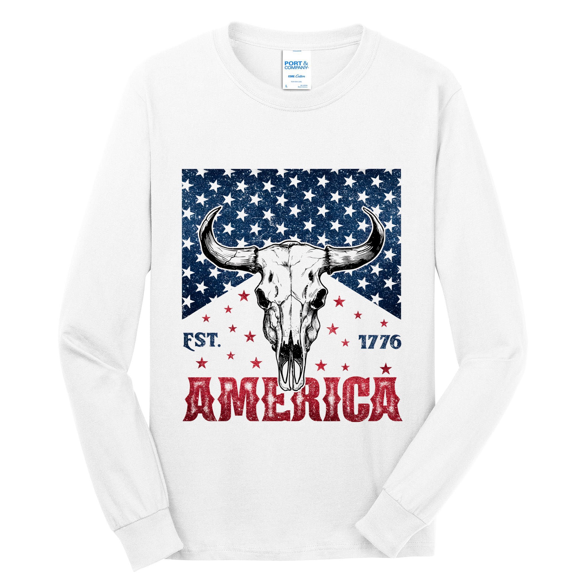 Western Cow Skull America Est 1776 Tall Long Sleeve T-Shirt