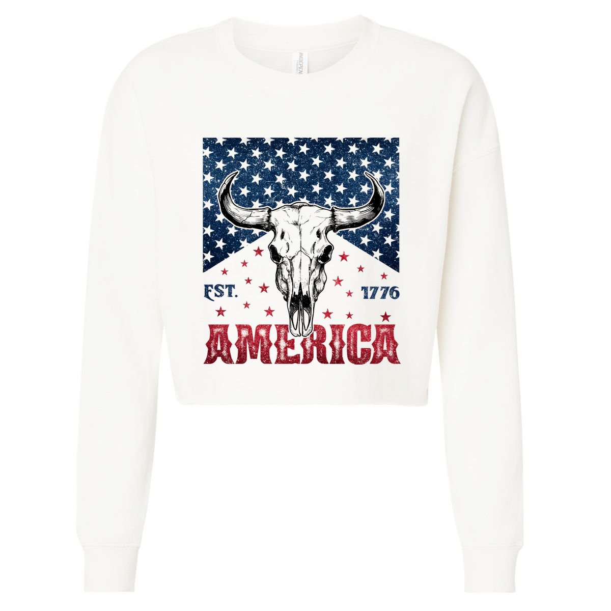 Western Cow Skull America Est 1776 Cropped Pullover Crew