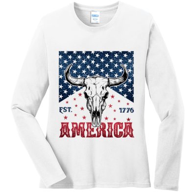 Western Cow Skull America Est 1776 Ladies Long Sleeve Shirt
