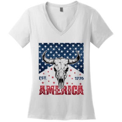 Western Cow Skull America Est 1776 Women's V-Neck T-Shirt