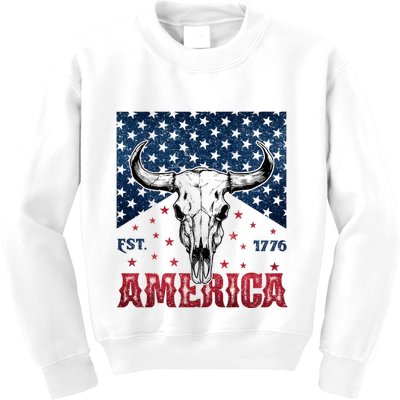 Western Cow Skull America Est 1776 Kids Sweatshirt