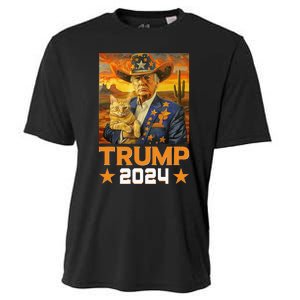 Western Cowboy Trump 2024 And Cat Patriotic Cooling Performance Crew T-Shirt