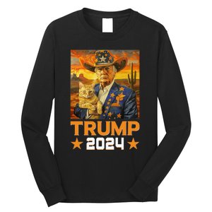 Western Cowboy Trump 2024 And Cat Patriotic Long Sleeve Shirt