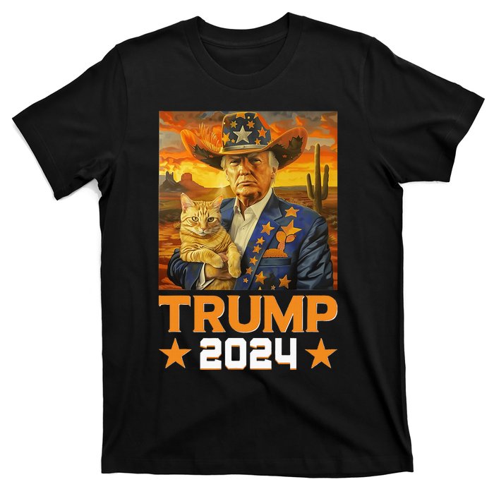 Western Cowboy Trump 2024 And Cat Patriotic T-Shirt