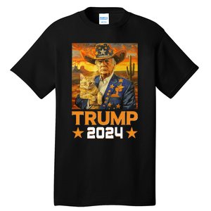 Western Cowboy Trump 2024 And Cat Patriotic Tall T-Shirt