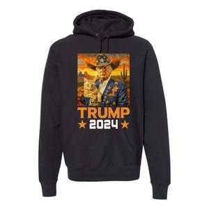 Western Cowboy Trump 2024 And Cat Patriotic Premium Hoodie