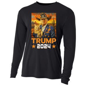 Western Cowboy Trump 2024 And Cat Patriotic Cooling Performance Long Sleeve Crew