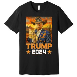 Western Cowboy Trump 2024 And Cat Patriotic Premium T-Shirt