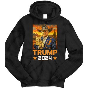 Western Cowboy Trump 2024 And Cat Patriotic Tie Dye Hoodie