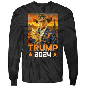 Western Cowboy Trump 2024 And Cat Patriotic Tie-Dye Long Sleeve Shirt