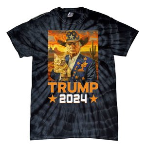 Western Cowboy Trump 2024 And Cat Patriotic Tie-Dye T-Shirt