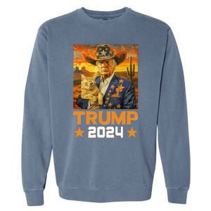 Western Cowboy Trump 2024 And Cat Patriotic Garment-Dyed Sweatshirt