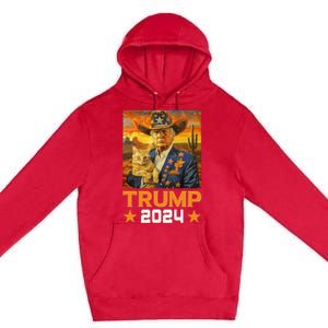 Western Cowboy Trump 2024 And Cat Patriotic Premium Pullover Hoodie