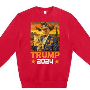 Western Cowboy Trump 2024 And Cat Patriotic Premium Crewneck Sweatshirt