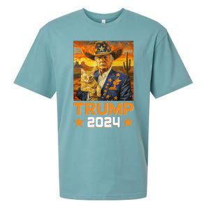 Western Cowboy Trump 2024 And Cat Patriotic Sueded Cloud Jersey T-Shirt