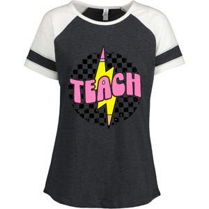 Women Checkered Teach Pencil Lightning Bolt Back To School Enza Ladies Jersey Colorblock Tee