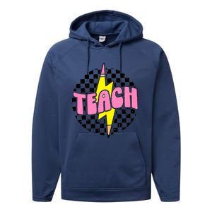 Women Checkered Teach Pencil Lightning Bolt Back To School Performance Fleece Hoodie