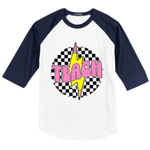 Women Checkered Teach Pencil Lightning Bolt Back To School Baseball Sleeve Shirt