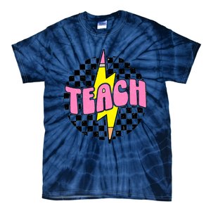 Women Checkered Teach Pencil Lightning Bolt Back To School Tie-Dye T-Shirt