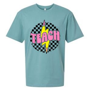 Women Checkered Teach Pencil Lightning Bolt Back To School Sueded Cloud Jersey T-Shirt