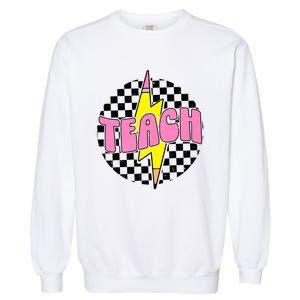 Women Checkered Teach Pencil Lightning Bolt Back To School Garment-Dyed Sweatshirt