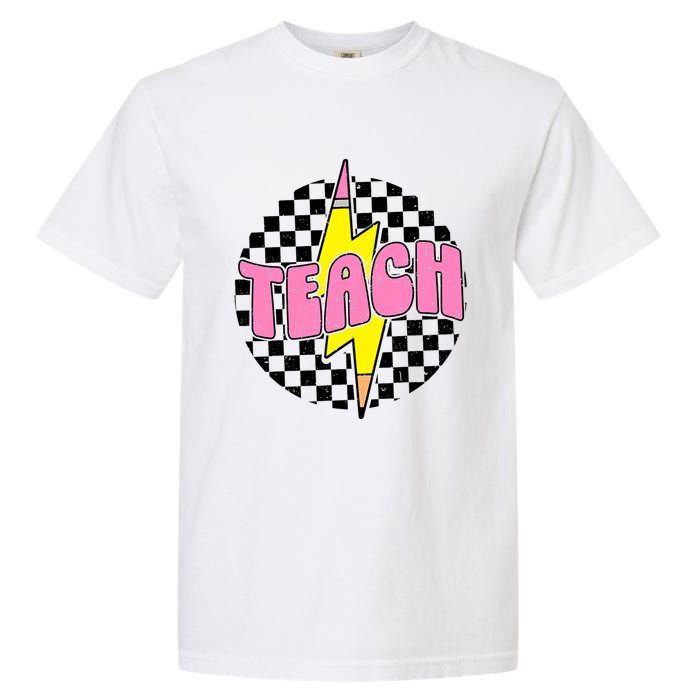 Women Checkered Teach Pencil Lightning Bolt Back To School Garment-Dyed Heavyweight T-Shirt