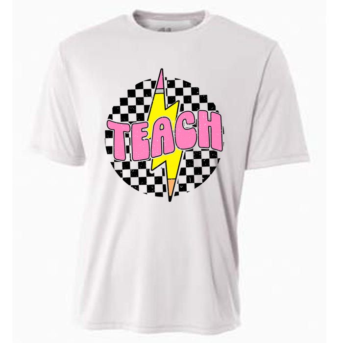 Women Checkered Teach Pencil Lightning Bolt Back To School Cooling Performance Crew T-Shirt