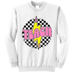 Women Checkered Teach Pencil Lightning Bolt Back To School Sweatshirt