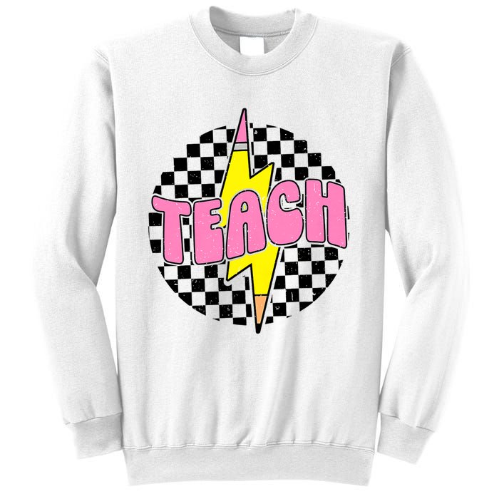 Women Checkered Teach Pencil Lightning Bolt Back To School Sweatshirt