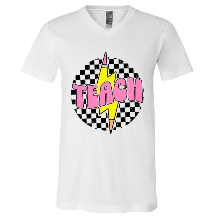 Women Checkered Teach Pencil Lightning Bolt Back To School V-Neck T-Shirt