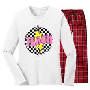 Women Checkered Teach Pencil Lightning Bolt Back To School Women's Long Sleeve Flannel Pajama Set 