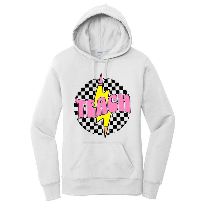 Women Checkered Teach Pencil Lightning Bolt Back To School Women's Pullover Hoodie