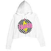 Women Checkered Teach Pencil Lightning Bolt Back To School Crop Fleece Hoodie