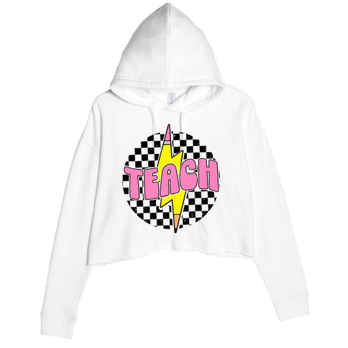 Women Checkered Teach Pencil Lightning Bolt Back To School Crop Fleece Hoodie