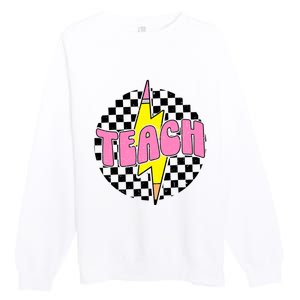 Women Checkered Teach Pencil Lightning Bolt Back To School Premium Crewneck Sweatshirt