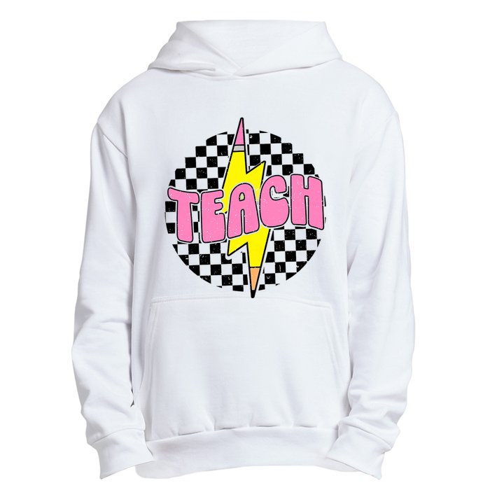 Women Checkered Teach Pencil Lightning Bolt Back To School Urban Pullover Hoodie