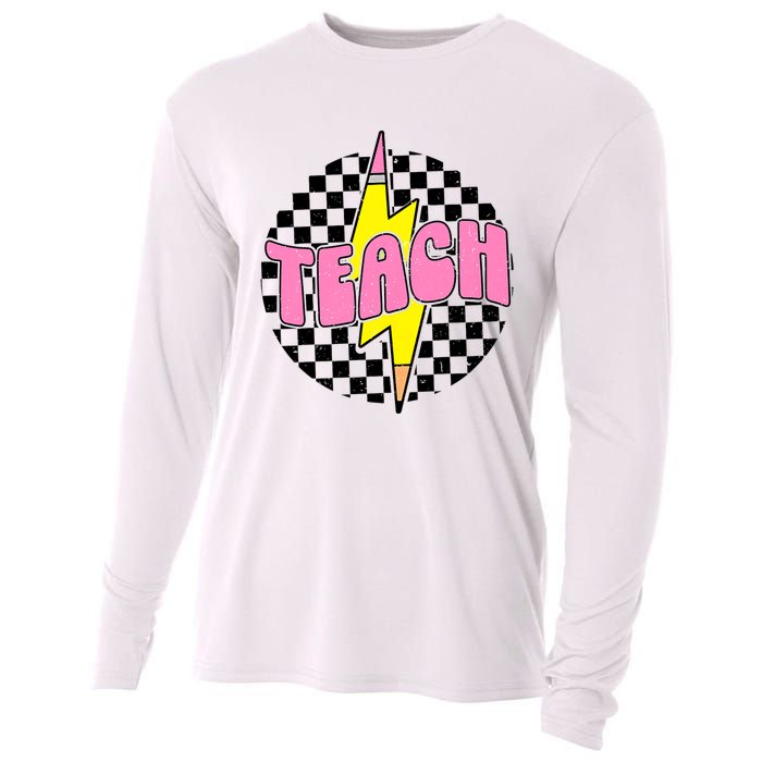 Women Checkered Teach Pencil Lightning Bolt Back To School Cooling Performance Long Sleeve Crew