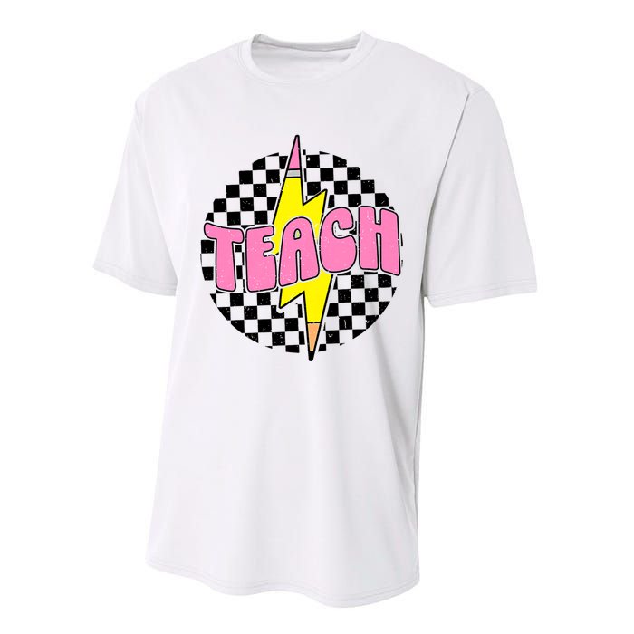 Women Checkered Teach Pencil Lightning Bolt Back To School Performance Sprint T-Shirt